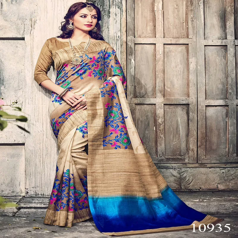 Viva N Diva Beige Bhagalpuri Silk Printed Saree