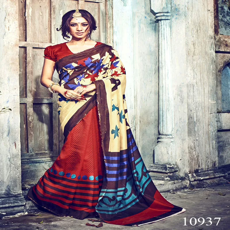 Viva N Diva Beige & Red Colored Bhagalpuri Silk Printed Saree