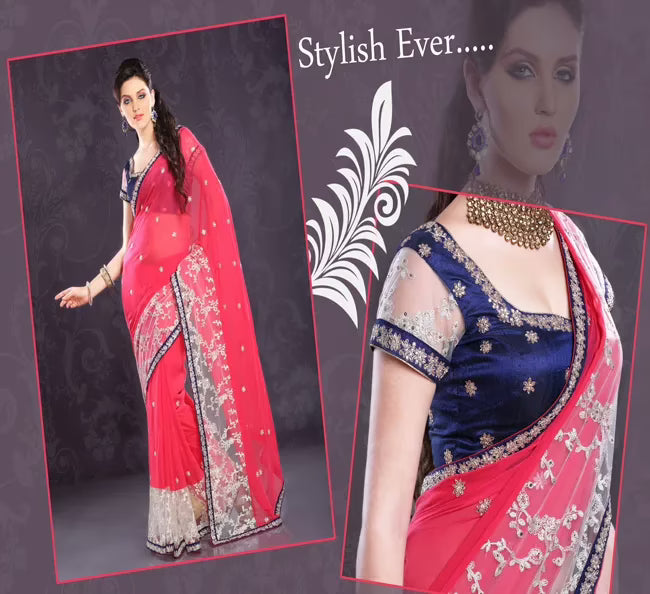 Pazaar Amaranth Red Embroidered Party Saree With Zari Thread