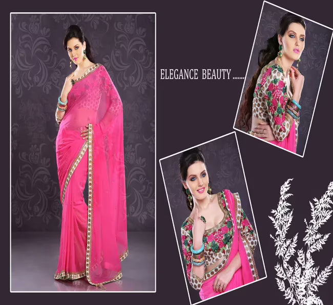 Pazaar Cerise Pink Embroidered Party Saree With Zari Resham Thread