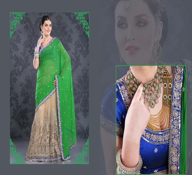 Pazaar Deep Lime Green Peach Yellow Embroidered Lehenga Style Saree