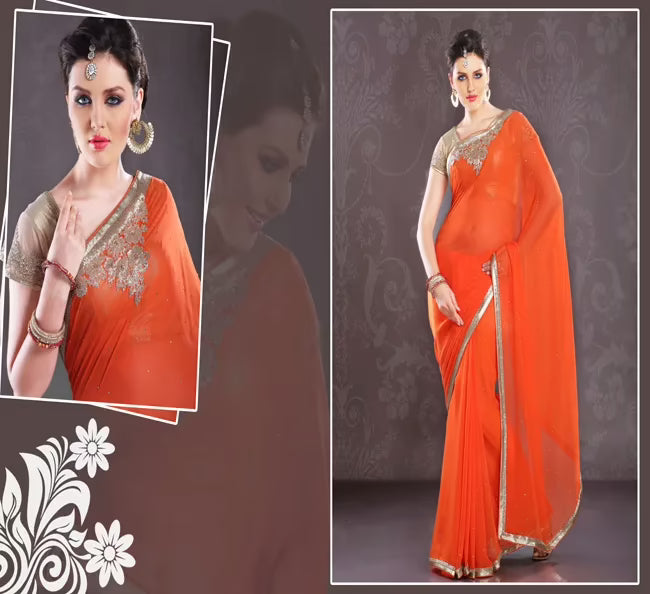 Pazaar Portland Orange Embroidered Party Saree With Zari Thread