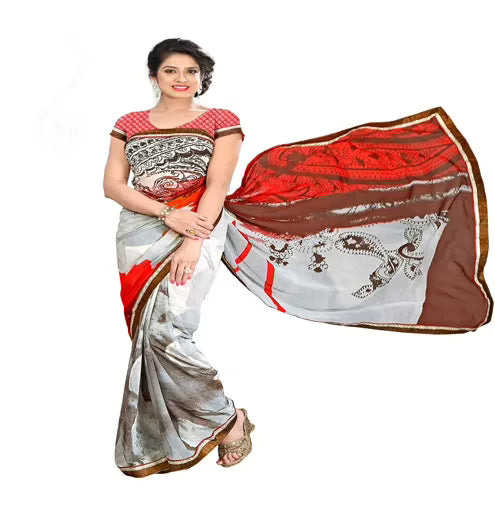 Rock-Fashion Grey Weightless Printed Work Saree