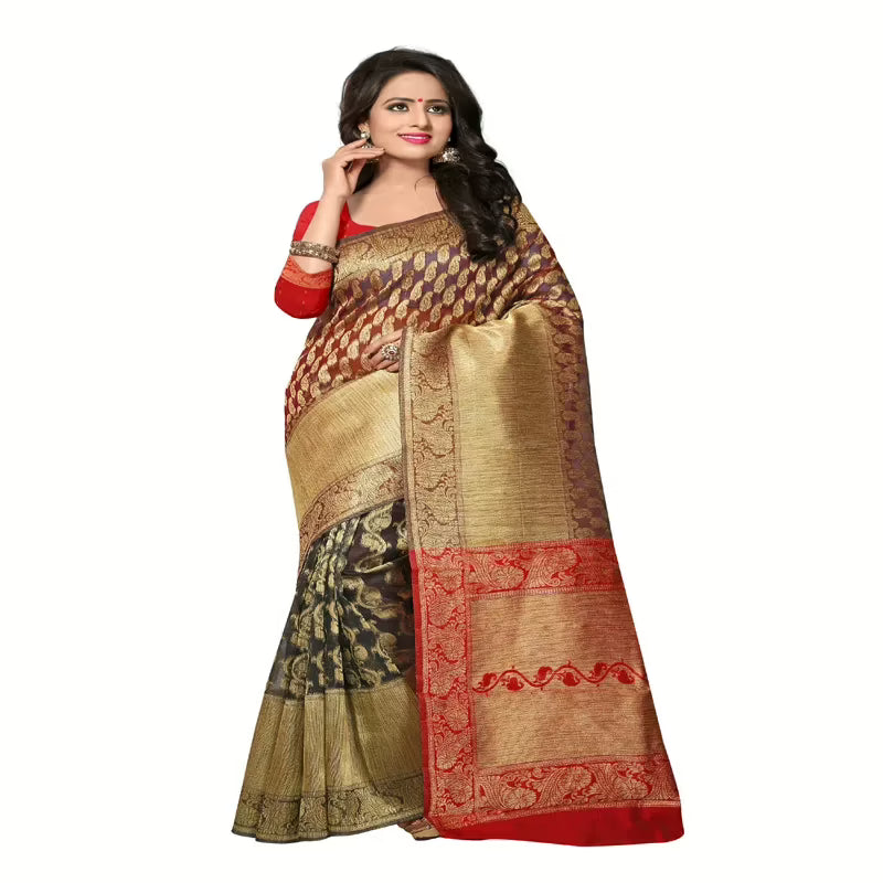 Viva & Diva Red & Black Colored Banarasi Silk Saree.