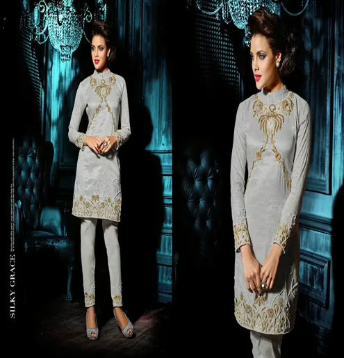 Hi-Fashion Embroidered Grey Designer Straight Suit