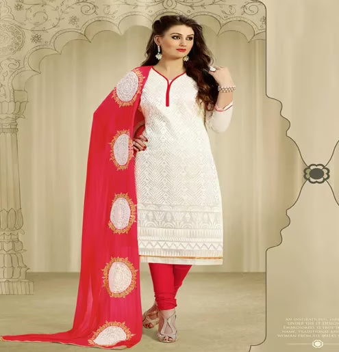 Hi-Fashion White & Red Embroidered Chanderi Straight Suit