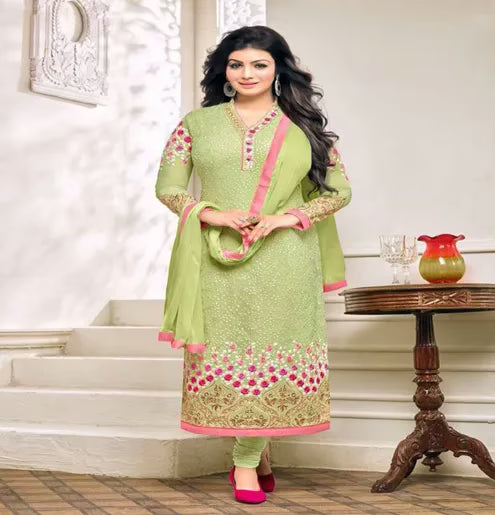Hi-Fashion Sea Green Semi-Stitched Straight Suit