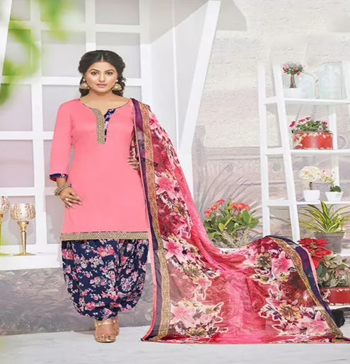Hi-Fashion Cotton pink Unstitch Patiala Suit