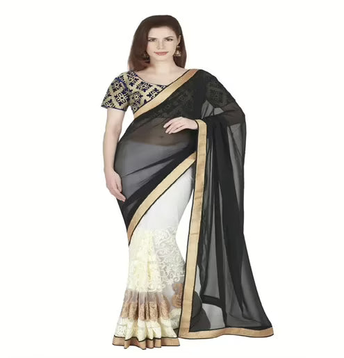Hi-Fashion Velvet Chiffon Net Embroidered Work Saree