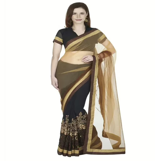 Hi-Fashion Black Chiffon Net Embroidered Work Saree