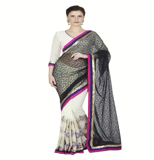 Hi-Fashion White Chiffon Net Embroidered Work Saree