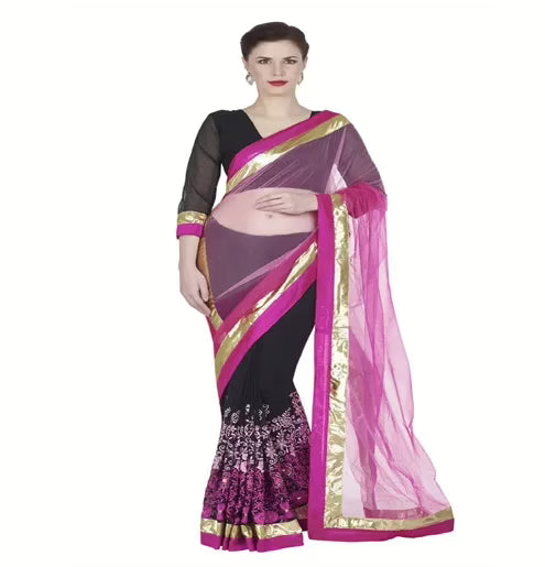 Hi-Fashion Black Chiffon Net Embroidered Work Saree