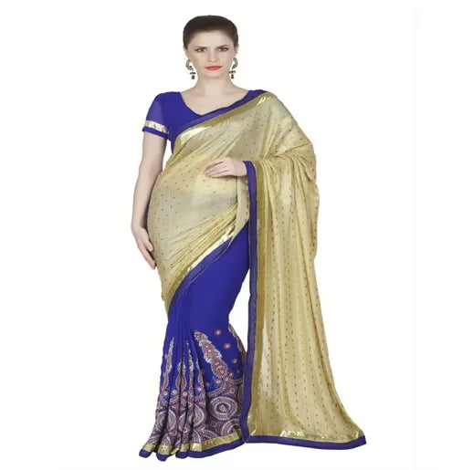 Hi-Fashion Blue Georgette Chiffon Embroidered Work Saree