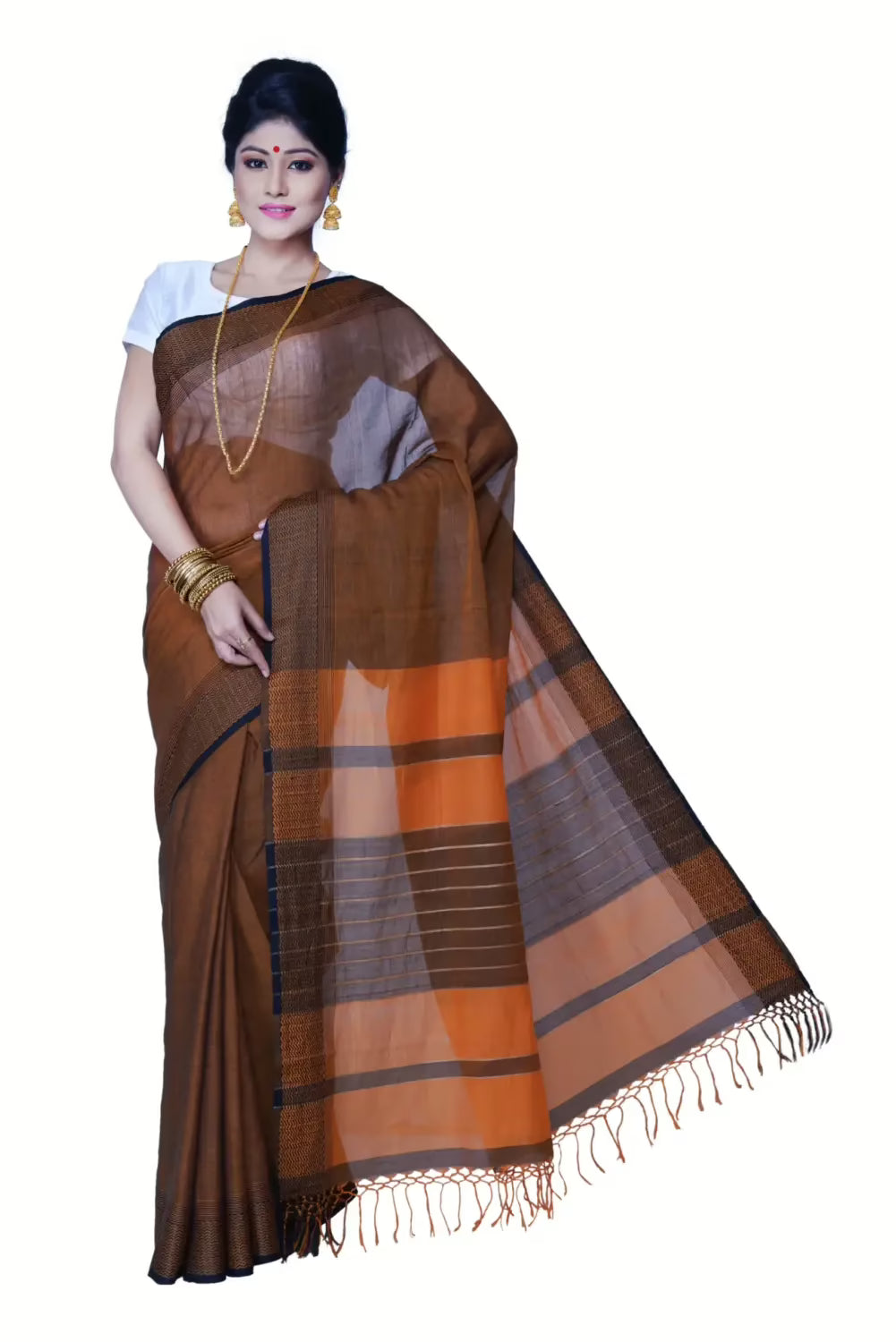 Pazaar Bronze Brown Festival Saree With Matching Blouse Piece