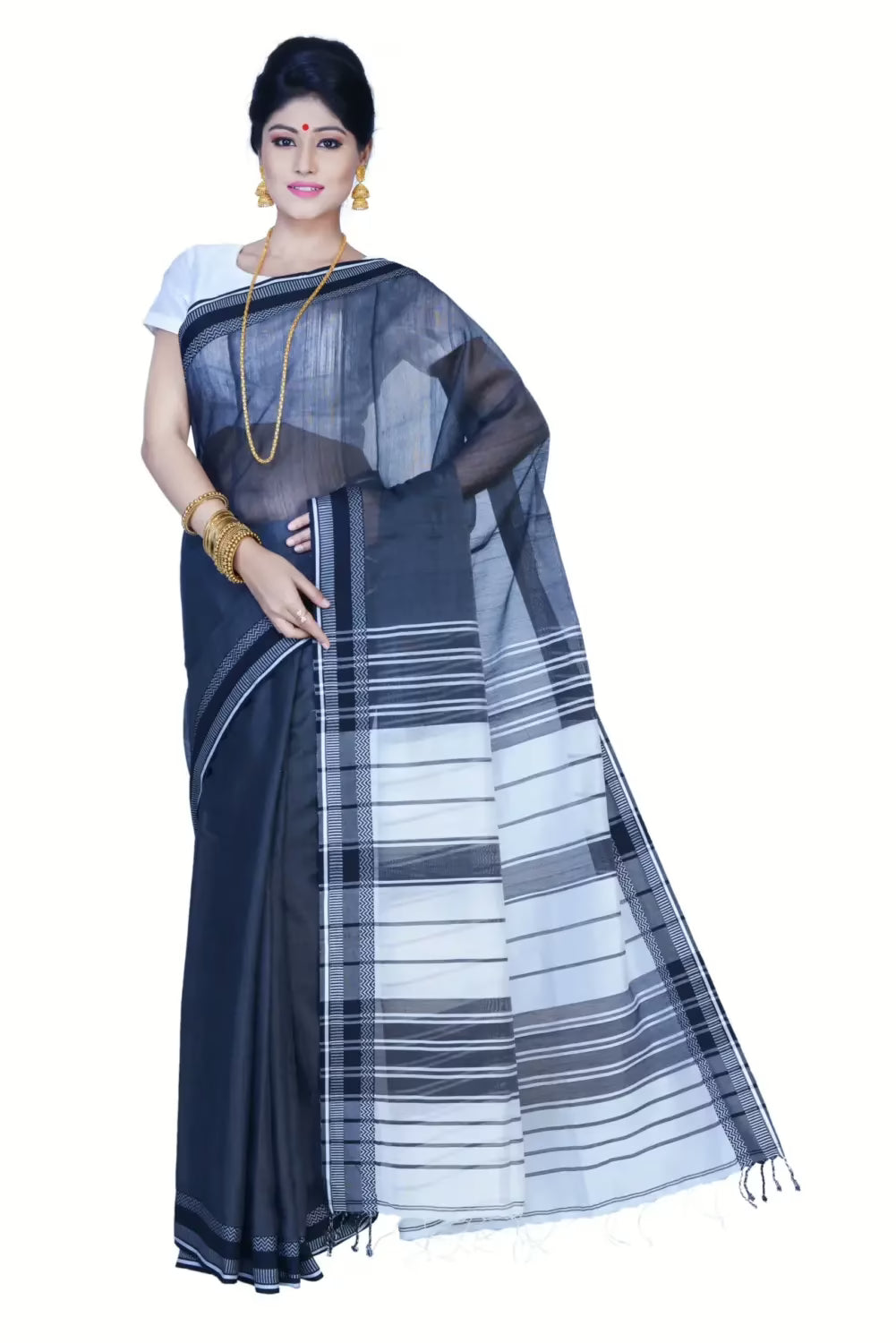 Pazaar Dark Arsenic Gray Festival Saree With Matching Blouse Piece