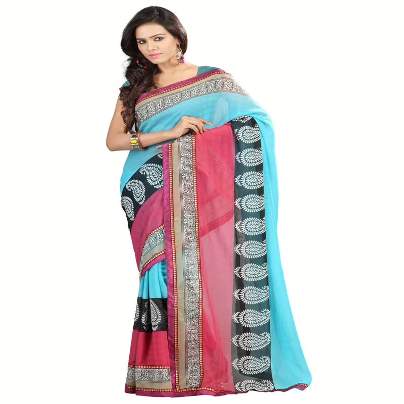 Lookslady Printed Blue Chiffone saree