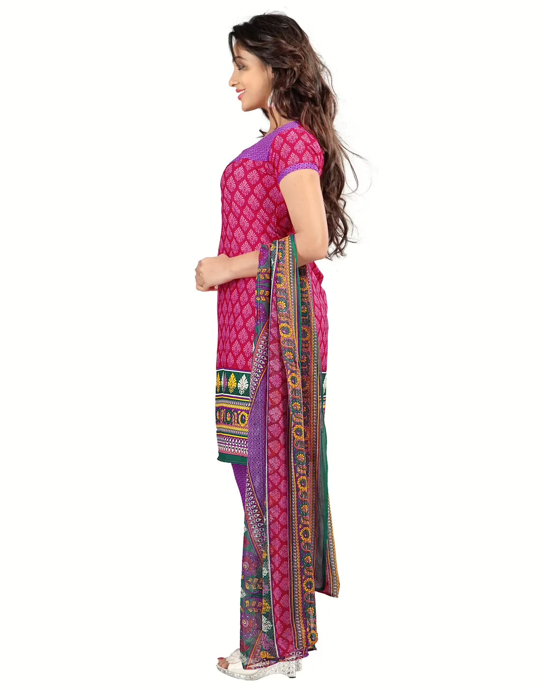 Lookslady Printed Pink Crepe Dress-Material
