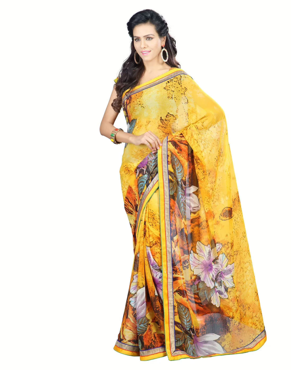 Lookslady Printed Yellow Faux Georgette saree