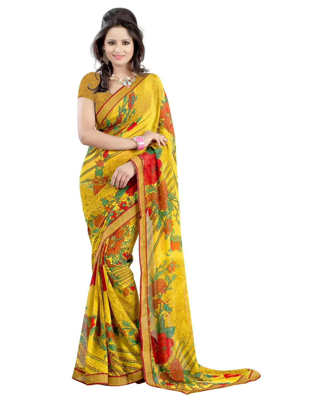 Lookslady Printed Yellow Faux Georgette Saree
