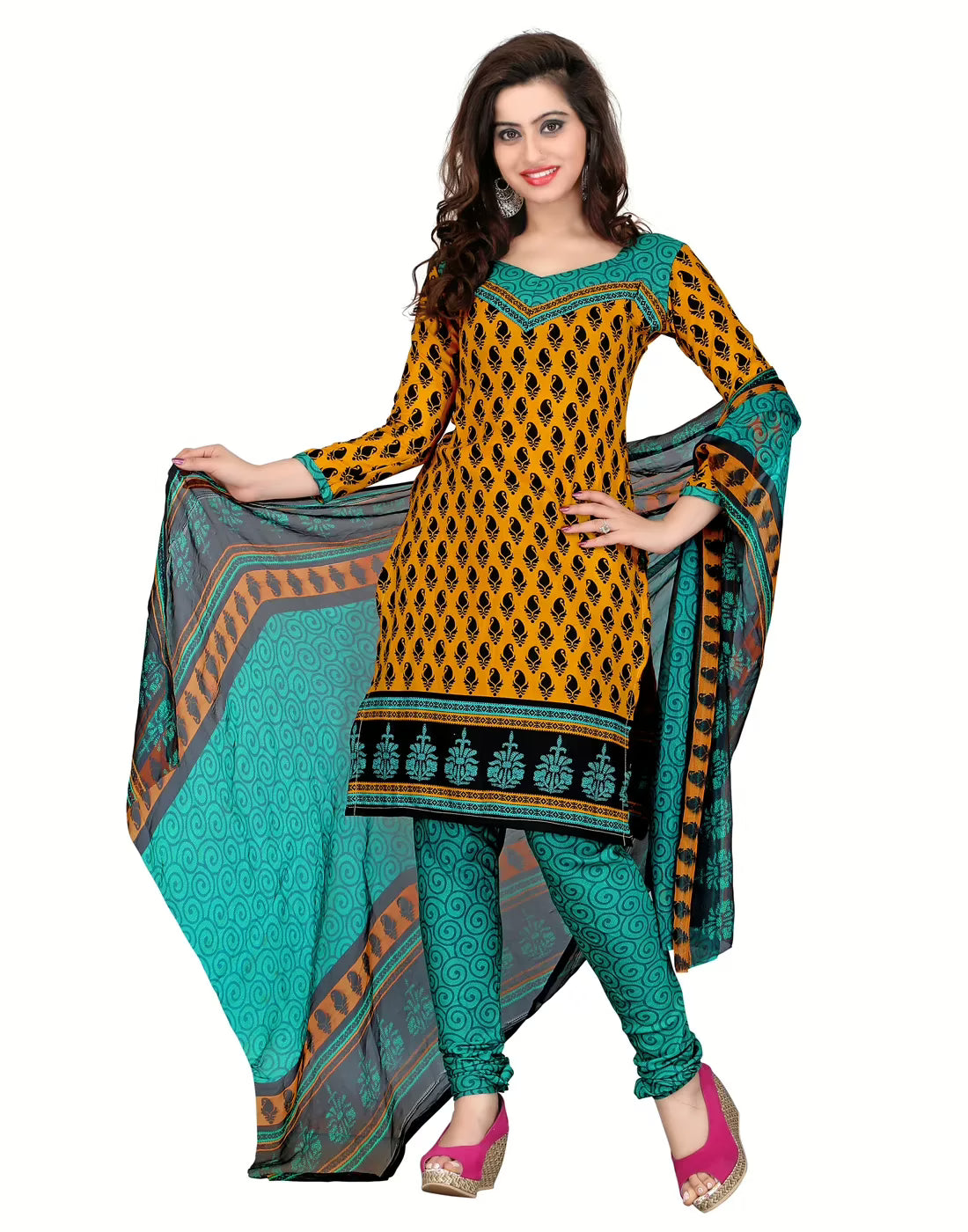 Lookslady Printed Orange Cotton Printed Dress-Material