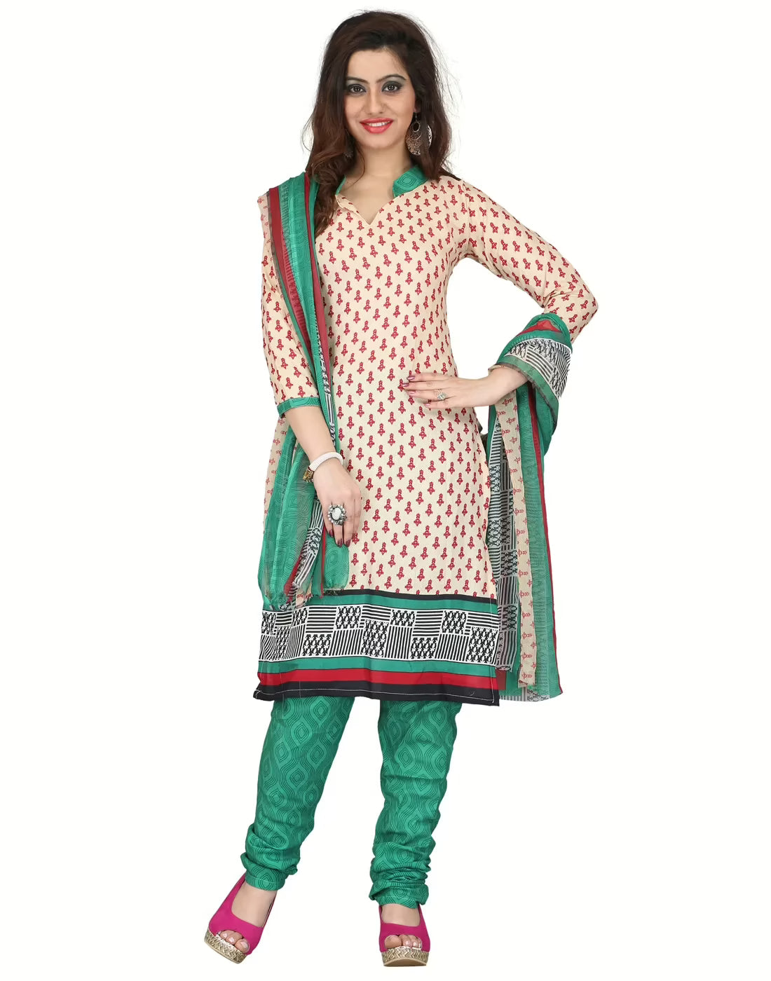 Lookslady Printed Beige Cotton Printed Dress-Material