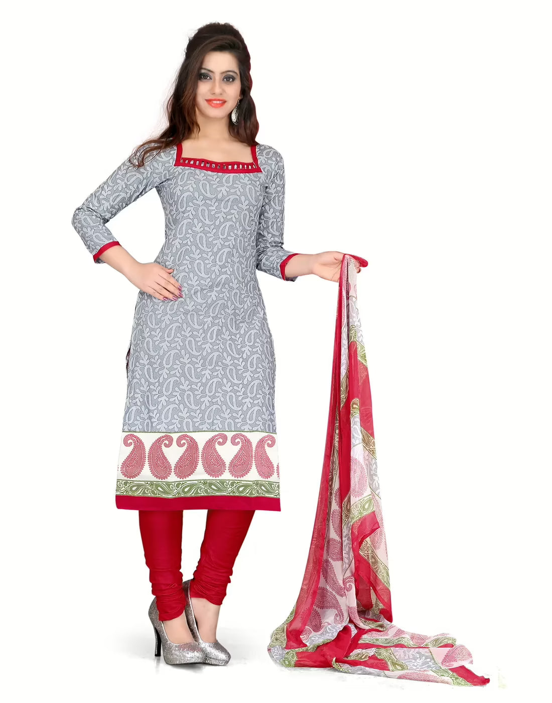 Lookslady Printed Grey Cotton Printed Dress-Material