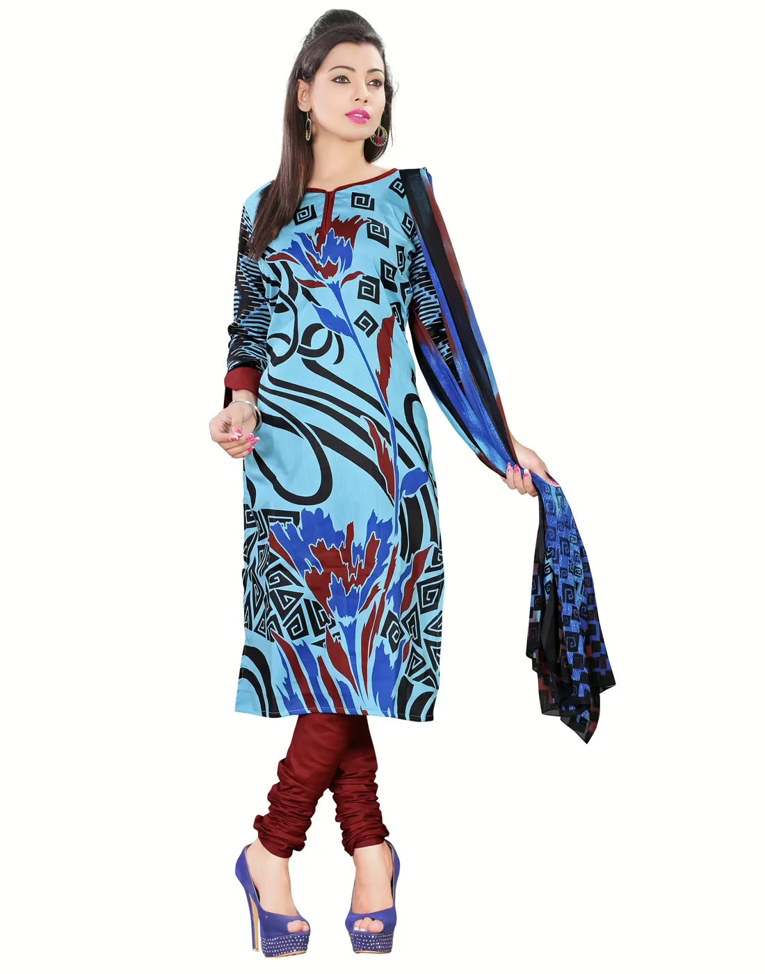 Lookslady Printed Light Blue Cotton Dress-Material