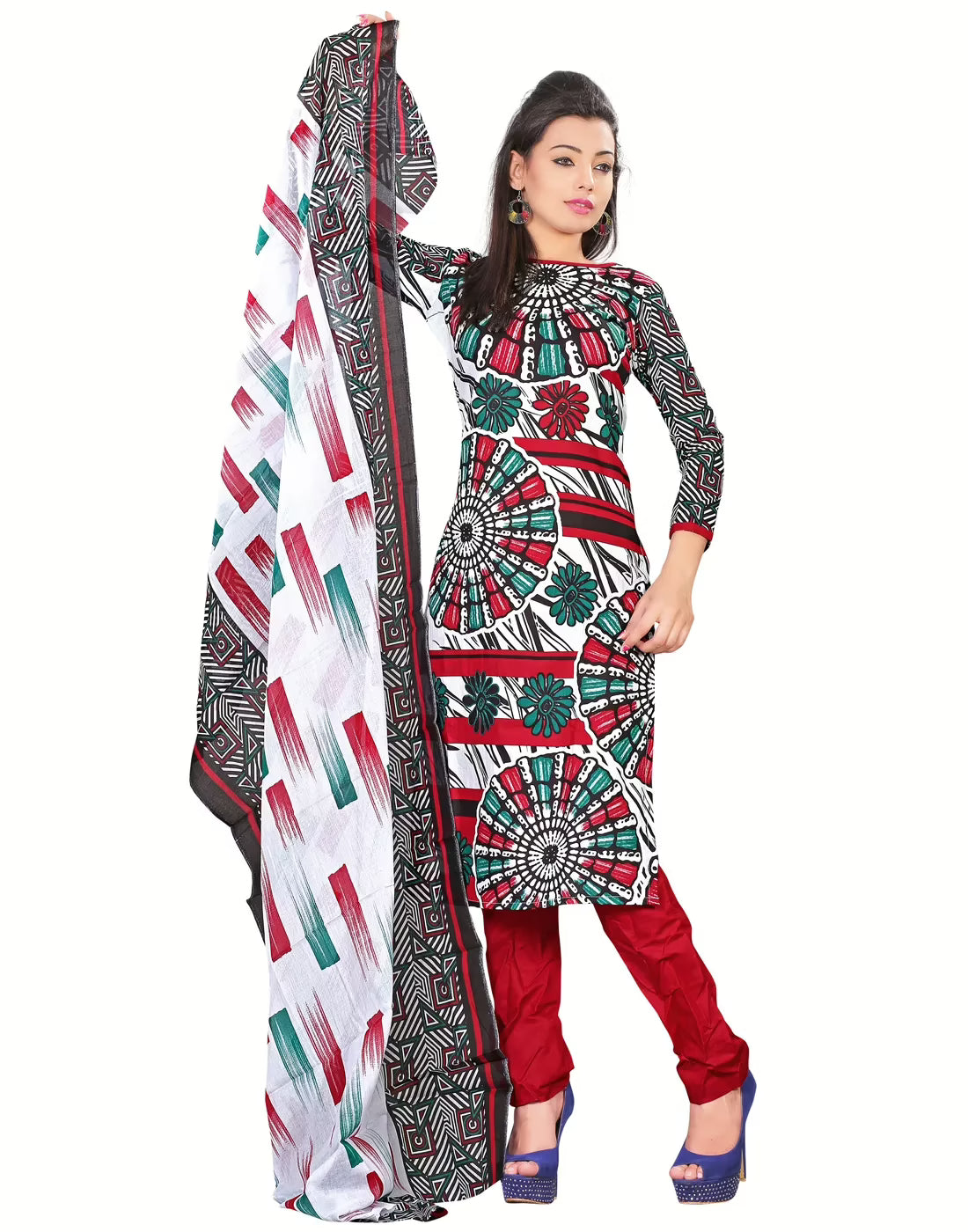 Lookslady Printed White Cotton Dress-Material