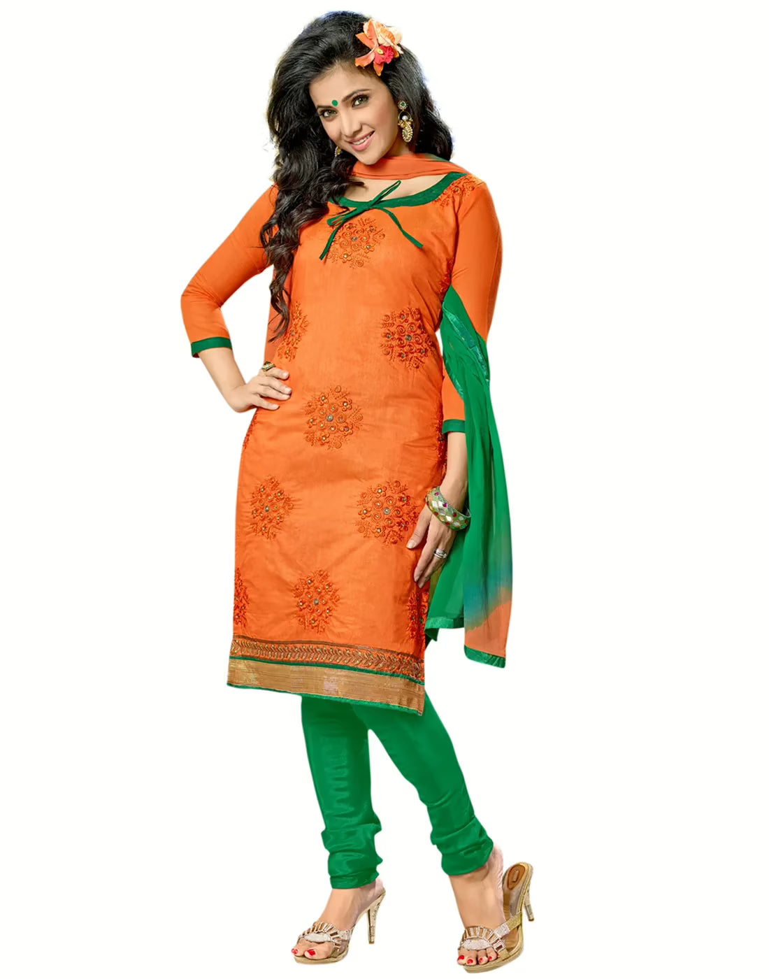 Lookslady Embroidered Orange Cotton Dress-Material