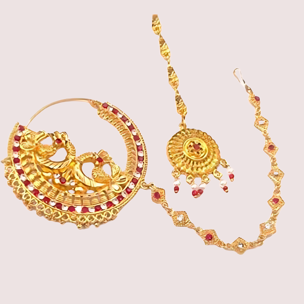 Garhwali Gold Plated Bridal Nose Ring with Chain
