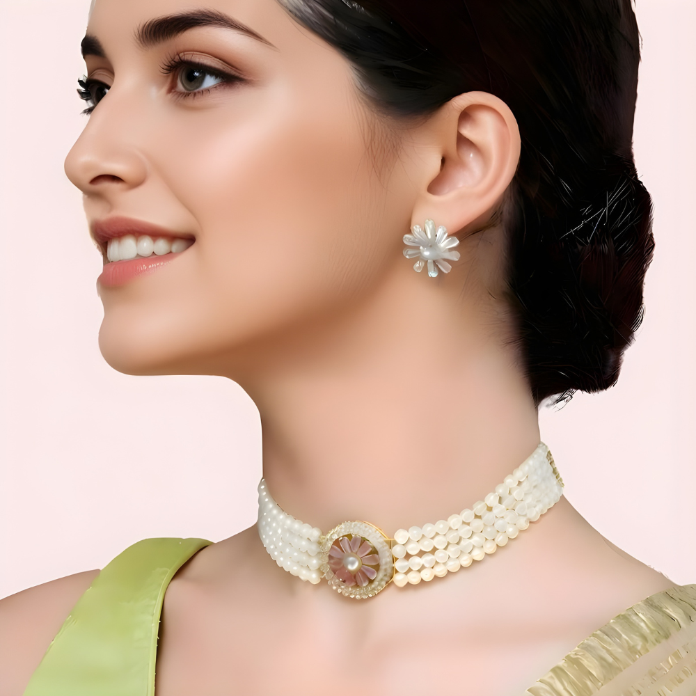 Floral Pearl Choker Necklace & Stud Earrings Set