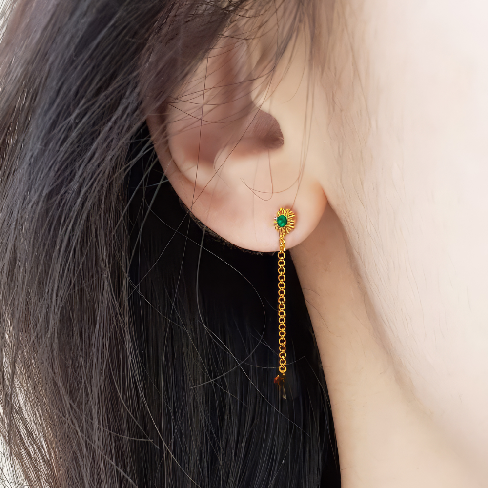 Emerald Gleam Minimal Drop Chain Earrings