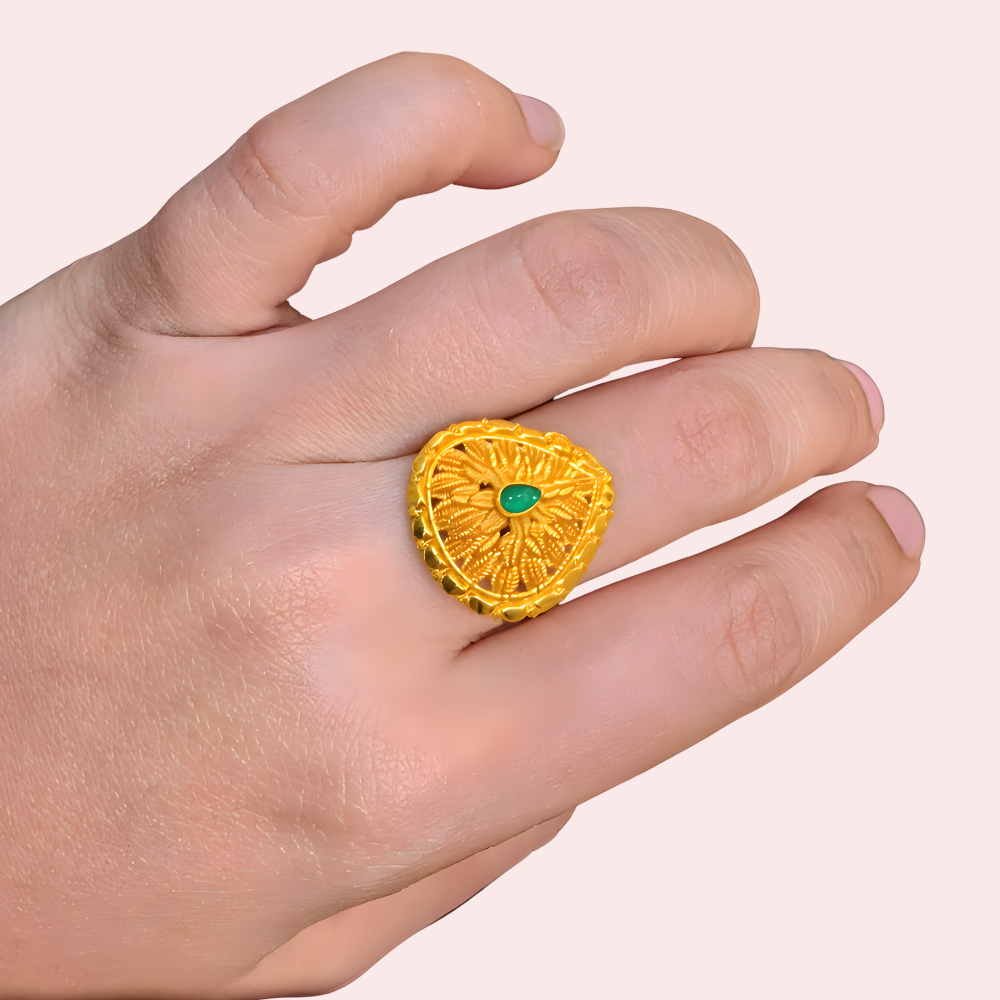 Traditional Sunburst Gold Finish Ring with Green Center Stone