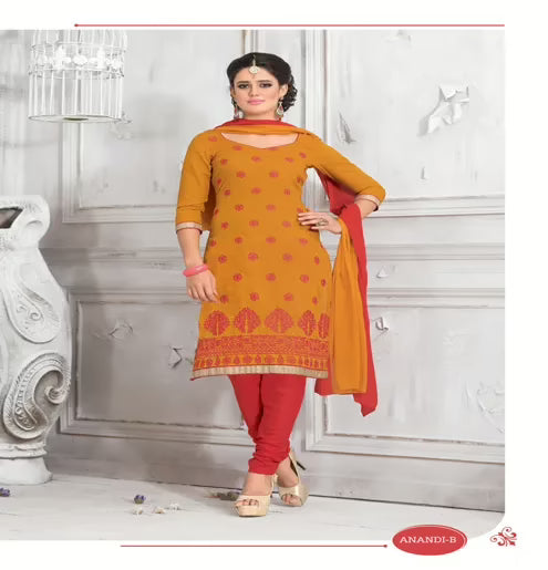 Anandi-B Cotton Green & Purple Color Unstitched Suit