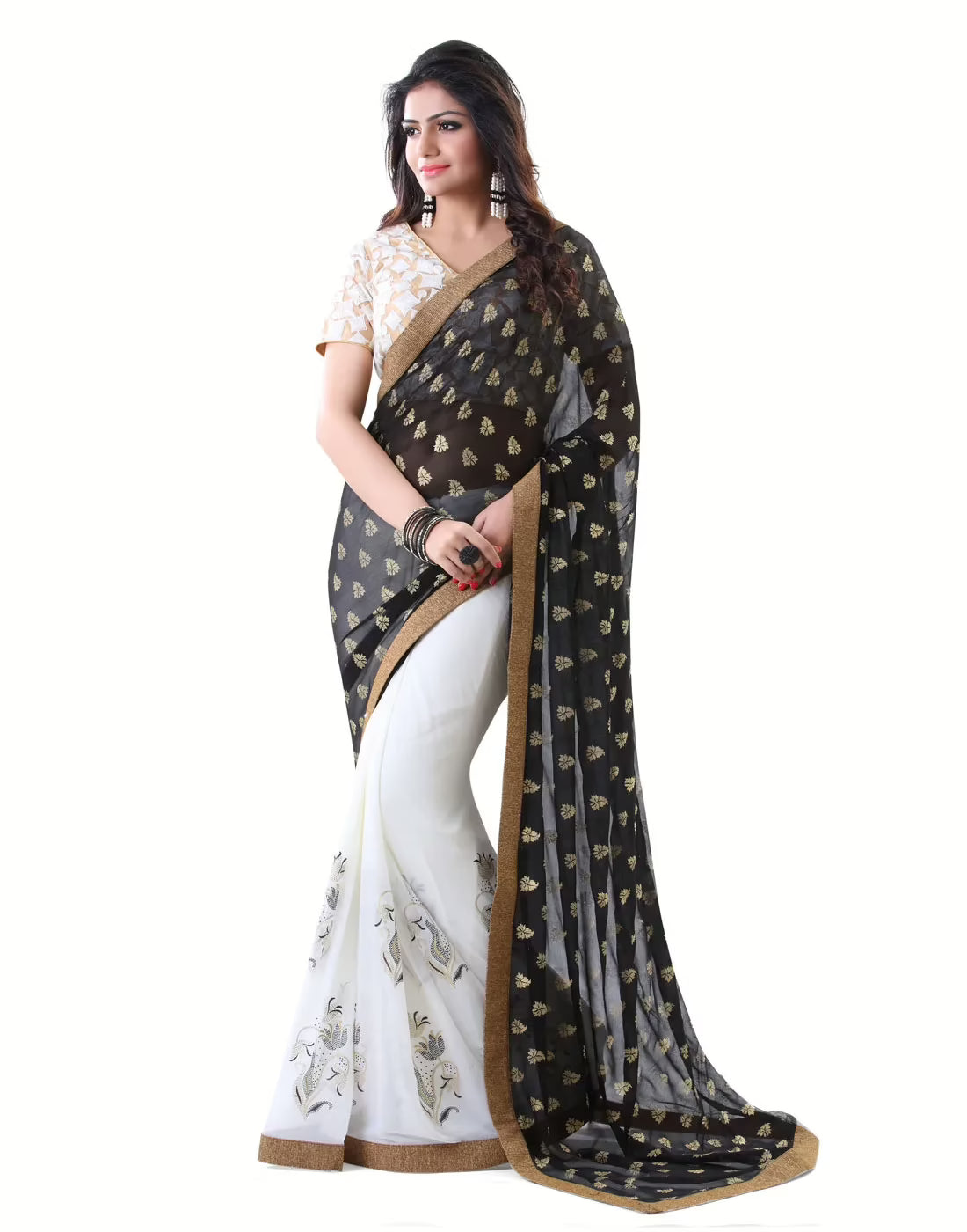 Club Art Decor Designer Black and White Saree with Designer Cream Blouse