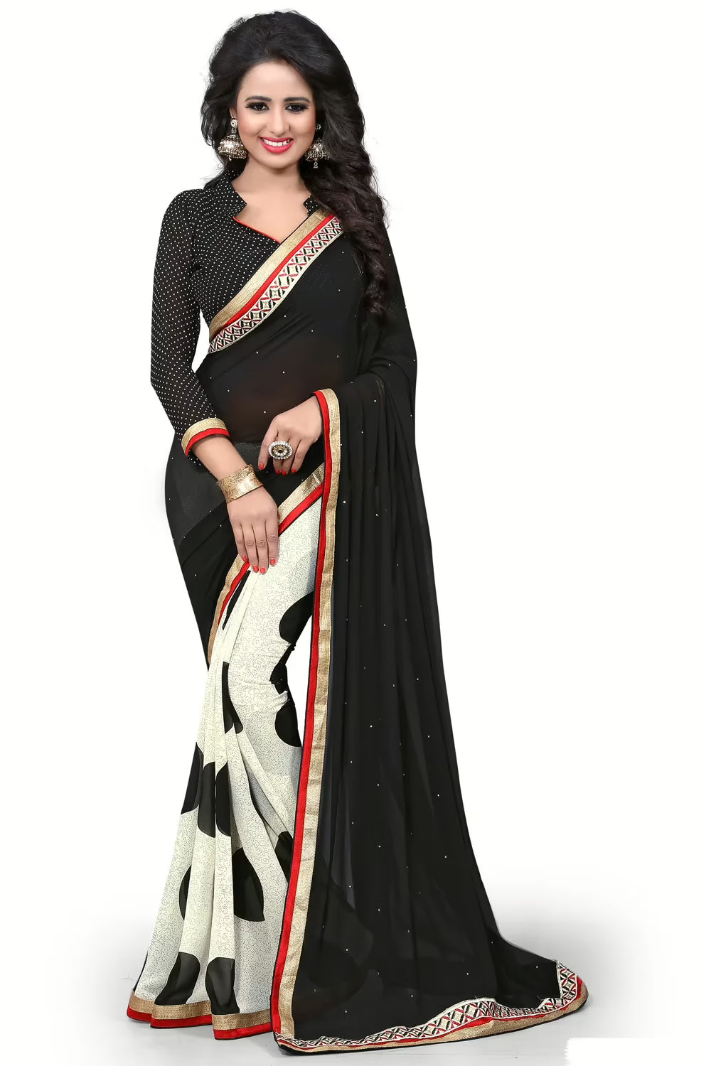 Black & White Printed Occation Wear Saree With Matching Blouse Piece