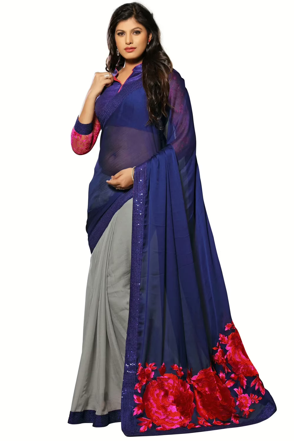 Akriti Royal Blue & Grey Traditional Saree With Matching Blouse Piece