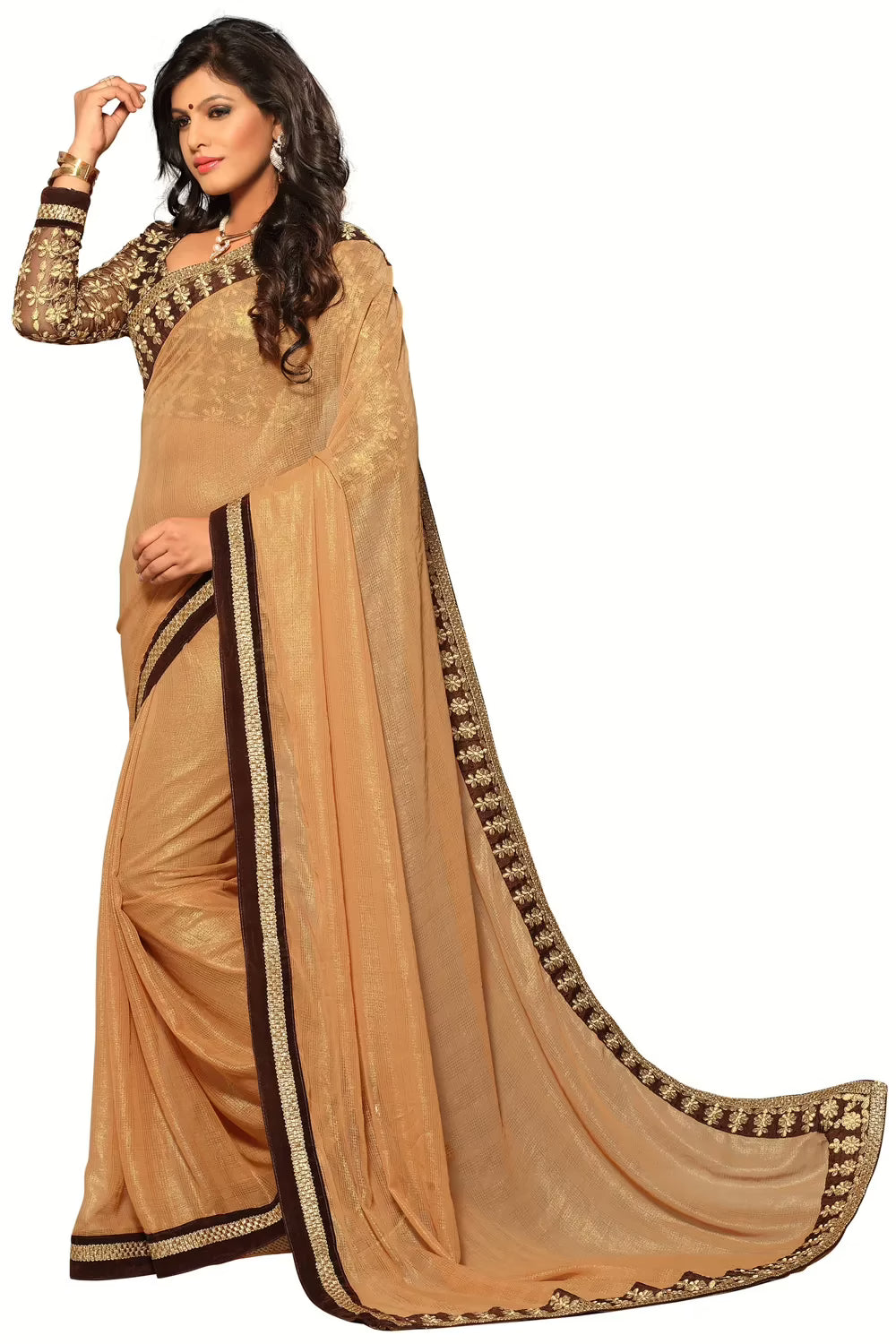 Akriti Beige & Brown Traditional Saree With Matching Blouse Piece