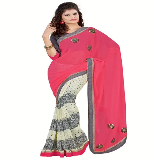 Pink & White Colour Georgette Occation Wear Traditional Saree With Matching Blouse Piece