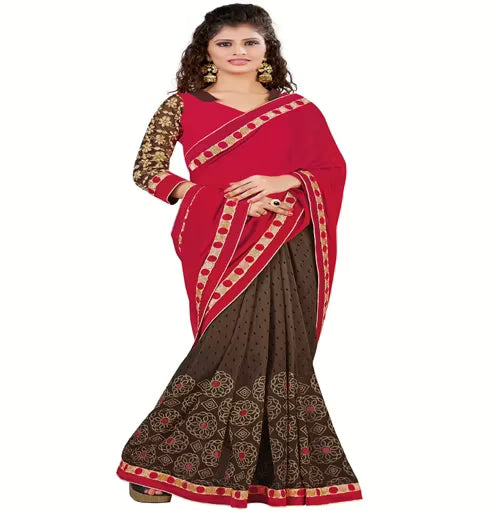 Red & Brown Colour Georgette Occation Wear Traditional Saree With Matching Blouse Piece
