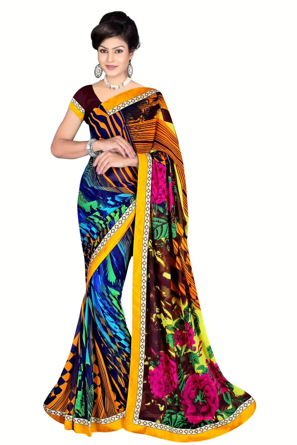 Alka Multi Floral Printed Traditional Saree With Matching Blouse Piece