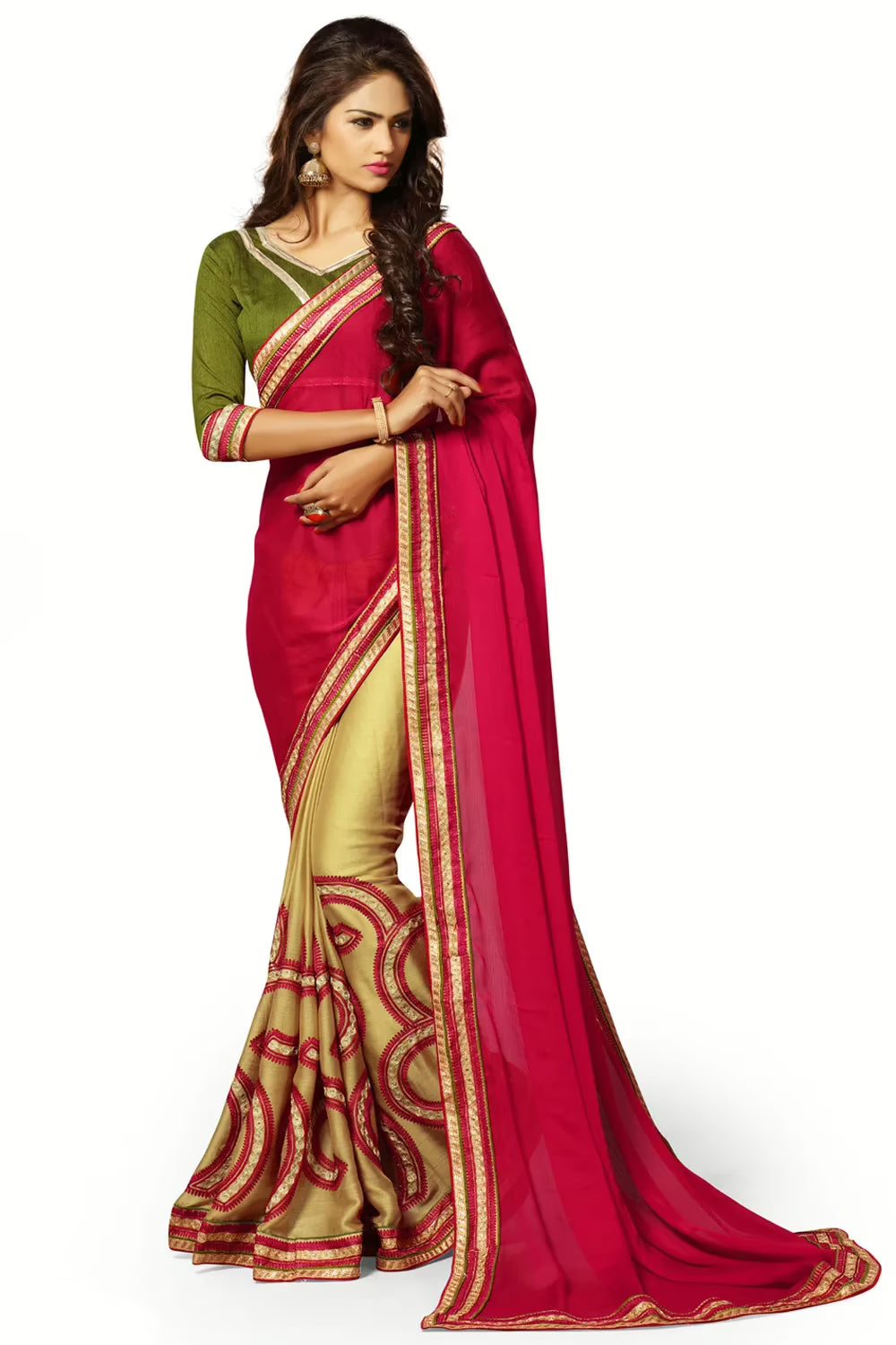 Alisha Red Embroidered Traditional Designer Party Wear Saree With Matching Blouse Piece