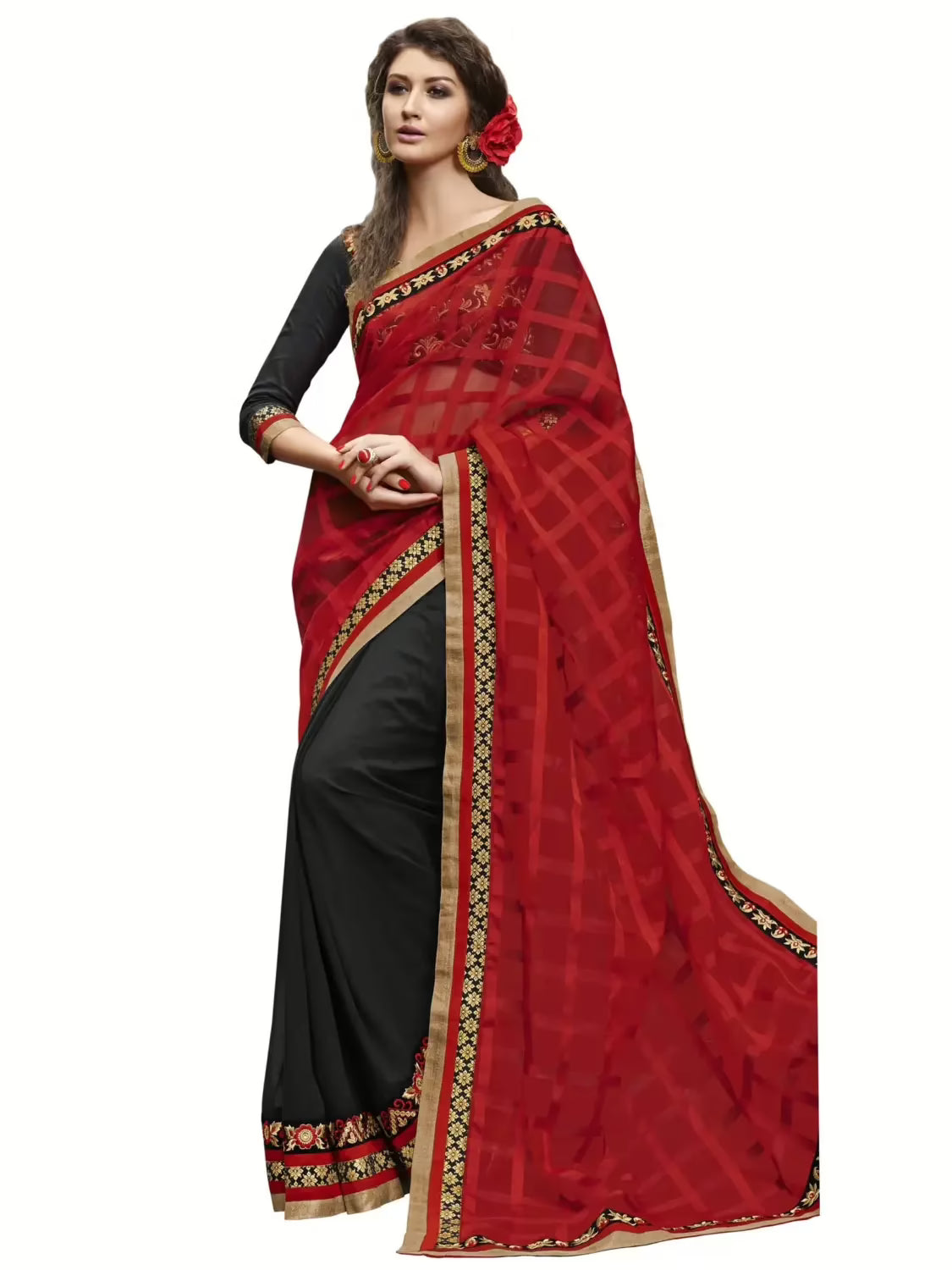 Red & Black Checks Traditional Designer Saree With Matching Blouse Piece