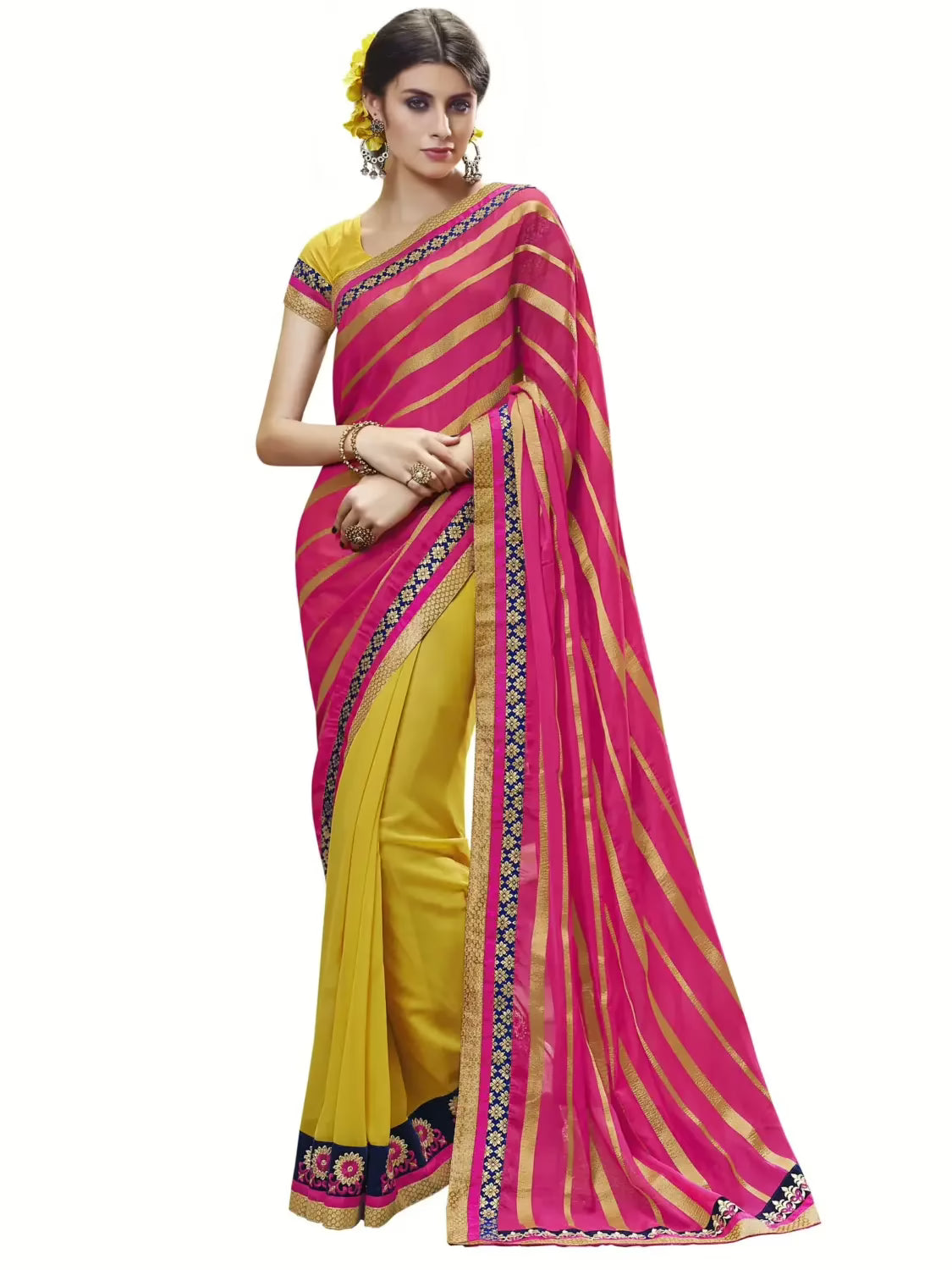 Pink & Yellow Traditional Designer Saree With Matching Blouse Piece