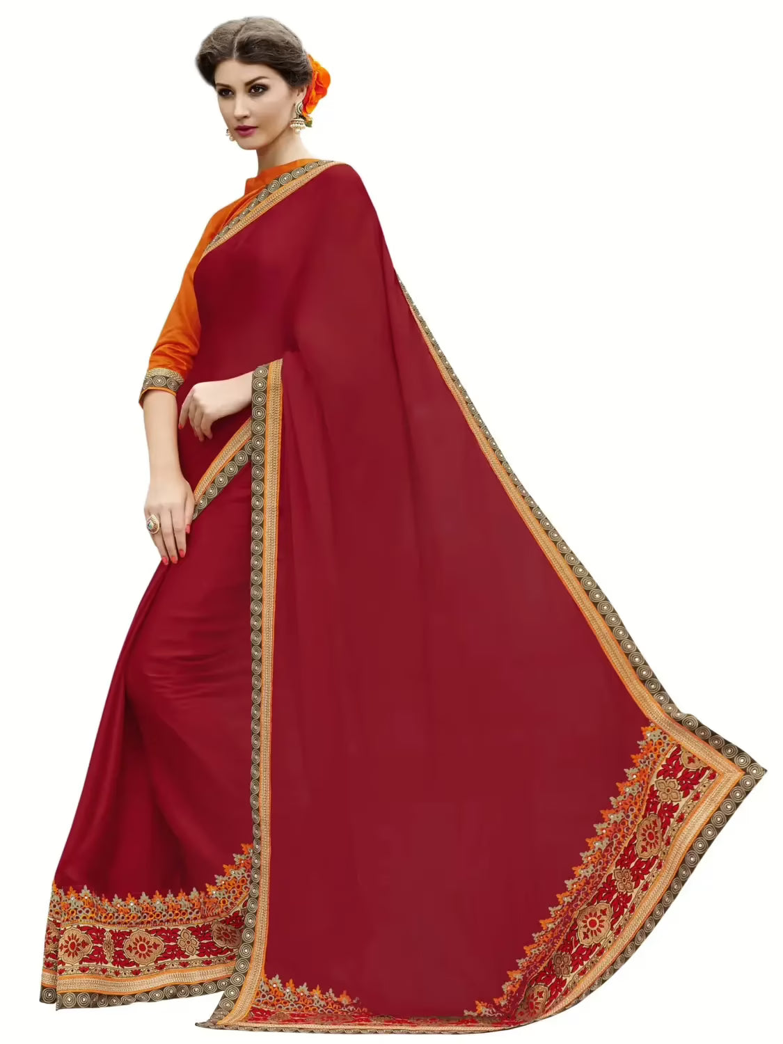 Red Satin Chiffon Traditional Designer Saree With Matching Blouse Piece