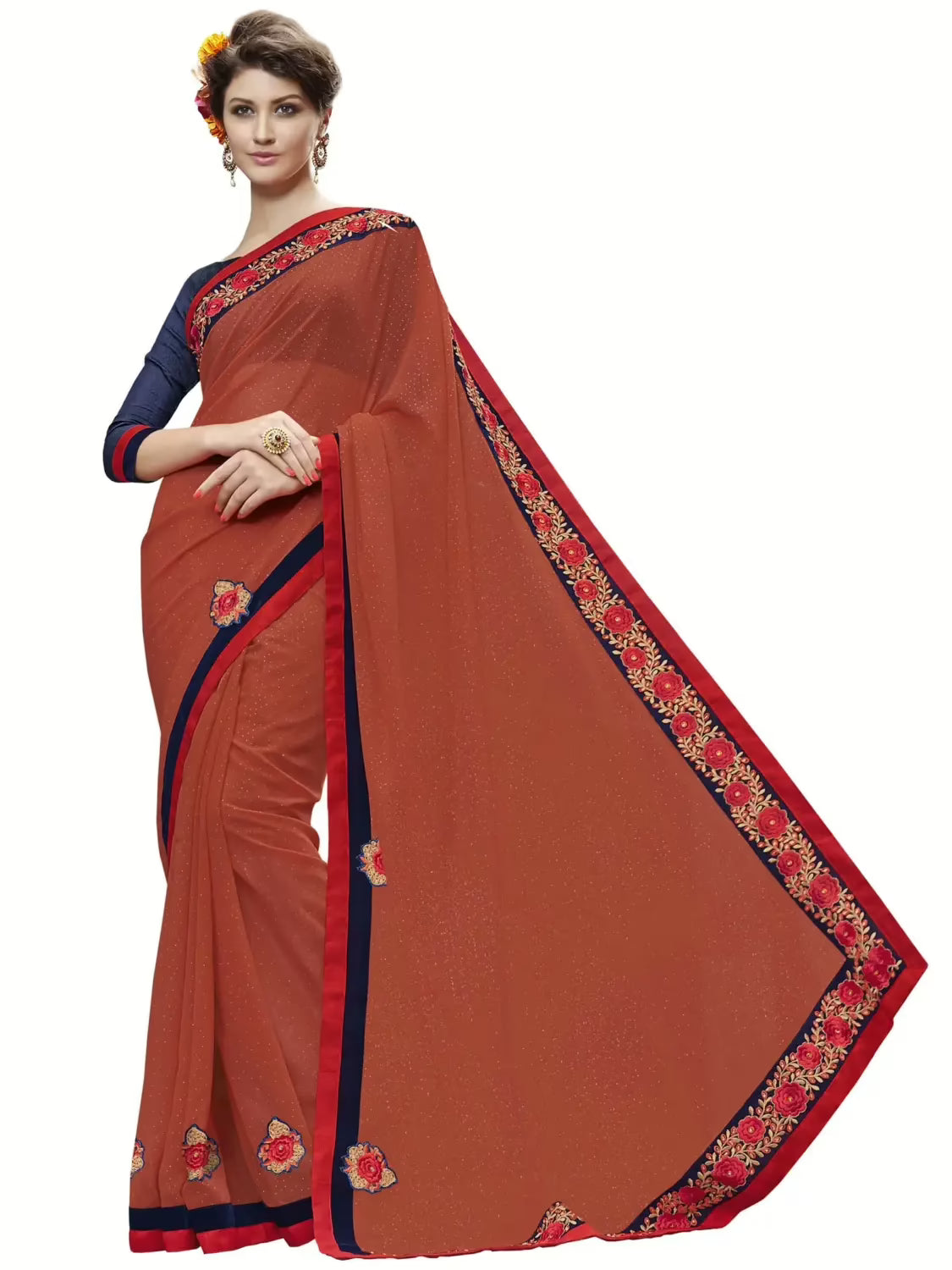 Orange Colour Georgette Traditional Designer Saree With Matching Blouse Piece