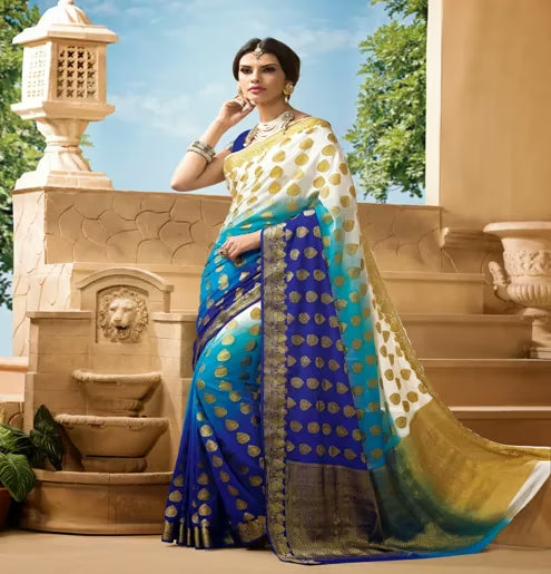 Sakshi Blue & Red Color Crepe Silk Saree