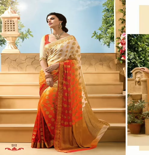 Sakshi Orange & White Color Crepe Silk Saree
