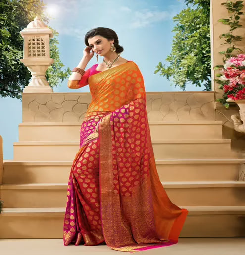 Sakshi Orange & Green Color Crepe Silk Saree