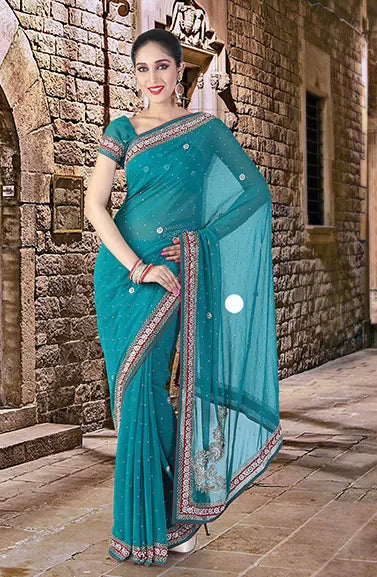 Pazaar Pine Green Embroidered Party Saree With Zari Thread